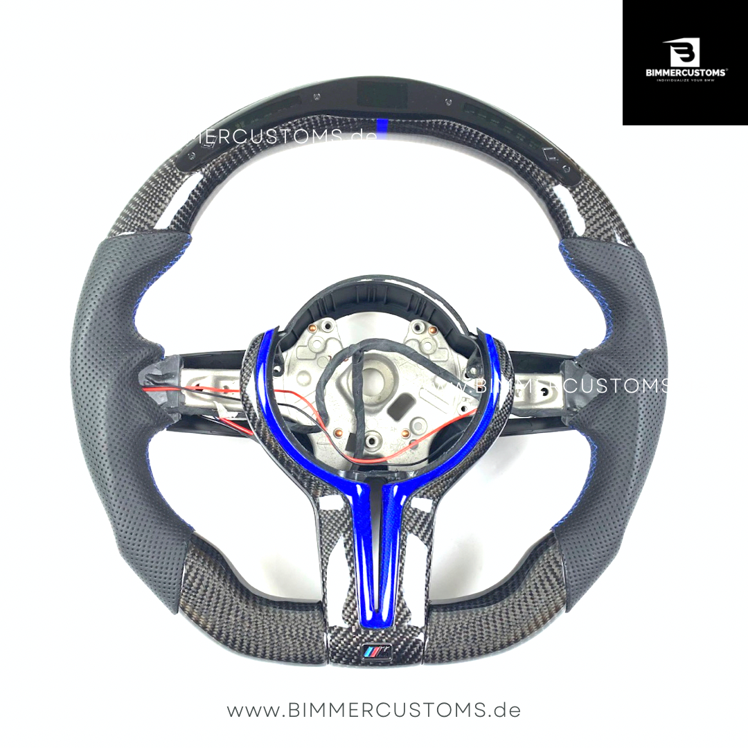 LEDER CARBONFIBER LENKRAD MIT RACE DISPLAY BLUE CARBON LINE PASSEND FÜR BMW M2 F87 M3 F80 M4 F82 F83 F20 F21 F22 F23 F30 F31 F32 F33 F36 Competition