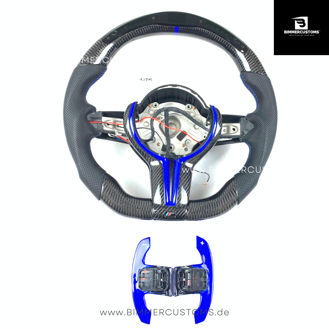 LEDER CARBONFIBER LENKRAD MIT RACE DISPLAY BLUE CARBON LINE PASSEND FÜR BMW M2 F87 M3 F80 M4 F82 F83 F20 F21 F22 F23 F30 F31 F32 F33 F36 Competition