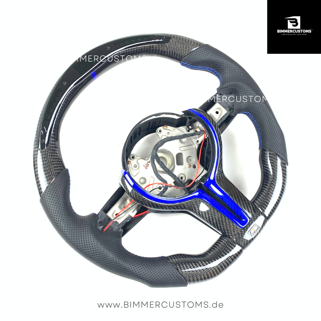 LEDER CARBONFIBER LENKRAD MIT RACE DISPLAY BLUE CARBON LINE PASSEND FÜR BMW M2 F87 M3 F80 M4 F82 F83 F20 F21 F22 F23 F30 F31 F32 F33 F36 Competition