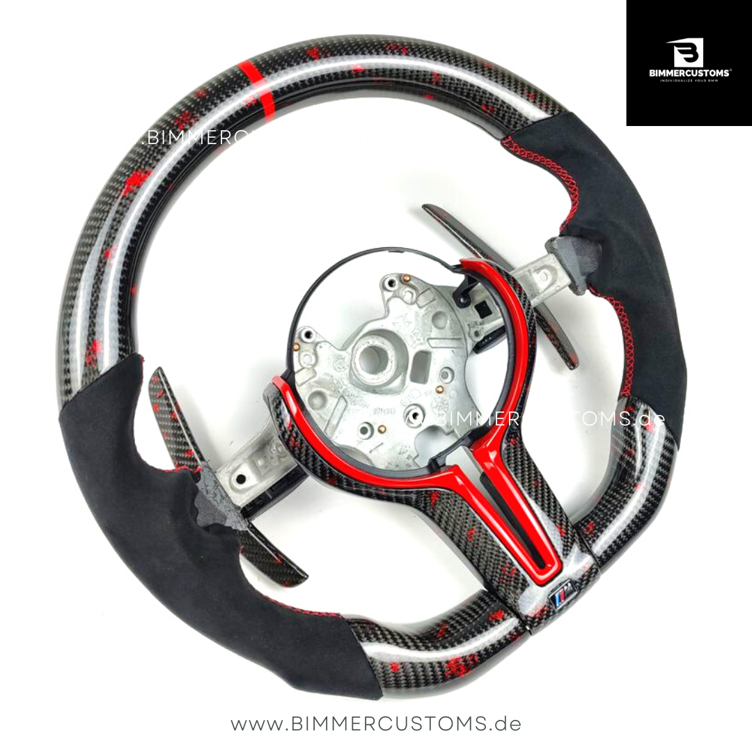 ALCANTARA CARBONFIBER LENKRAD MIT RED FLAKES PASSEND FÜR BMW M2 F87 M3 F80 M4 F82 F83 F20 F21 F22 F23 F30 F31 F32 F33 F36 Competition