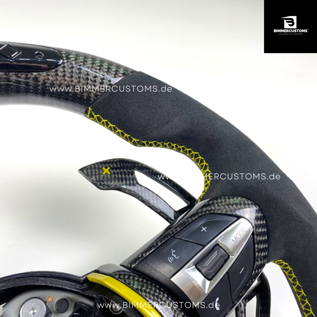 ALCANTARA CARBONFIBER LENKRAD MIT RACE DISPLAY YELLOW LINE PASSEND FÜR BMW M2 F87 M3 F80 M4 F82 F83 F20 F21 F22 F23 F30 F31 F32 F33 F36 Competition