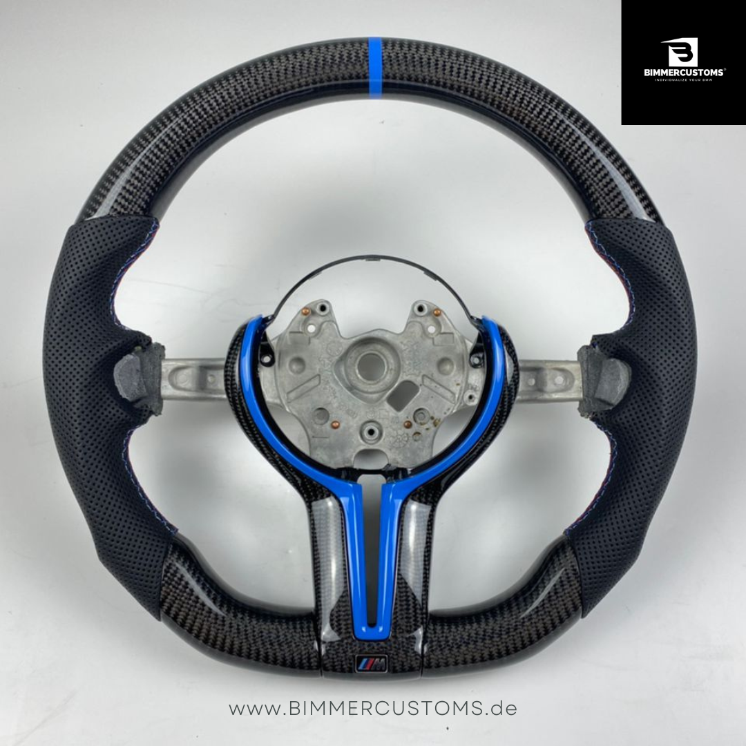 LEDER CARBONFIBER LENKRAD BLUE LINE PASSEND FÜR BMW M2 F87 M3 F80 M4 F82 F83 F20 F21 F22 F23 F30 F31 F32 F33 F36 F10 F06 F13 Competition
