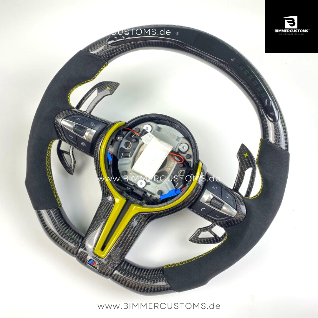 ALCANTARA CARBONFIBER LENKRAD MIT RACE DISPLAY YELLOW LINE PASSEND FÜR BMW M2 F87 M3 F80 M4 F82 F83 F20 F21 F22 F23 F30 F31 F32 F33 F36 Competition