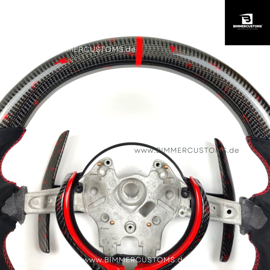 ALCANTARA CARBONFIBER LENKRAD MIT RED FLAKES PASSEND FÜR BMW M2 F87 M3 F80 M4 F82 F83 F20 F21 F22 F23 F30 F31 F32 F33 F36 Competition