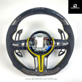 ALCANTARA CARBONFIBER LENKRAD MIT RACE DISPLAY YELLOW LINE PASSEND FÜR BMW M2 F87 M3 F80 M4 F82 F83 F20 F21 F22 F23 F30 F31 F32 F33 F36 Competition