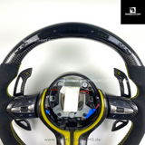 ALCANTARA CARBONFIBER LENKRAD MIT RACE DISPLAY YELLOW LINE PASSEND FÜR BMW M2 F87 M3 F80 M4 F82 F83 F20 F21 F22 F23 F30 F31 F32 F33 F36 Competition