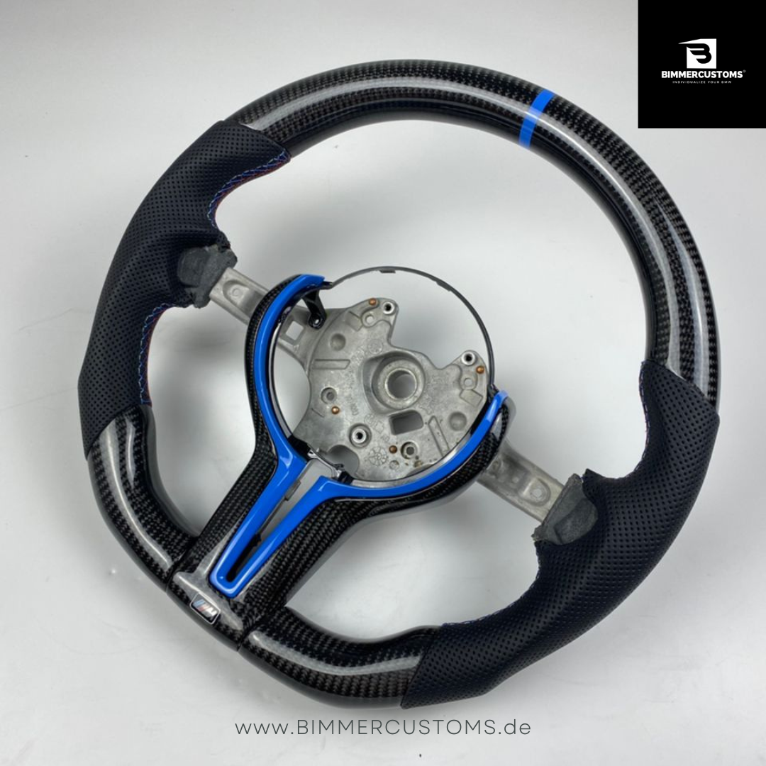 LEDER CARBONFIBER LENKRAD BLUE LINE PASSEND FÜR BMW M2 F87 M3 F80 M4 F82 F83 F20 F21 F22 F23 F30 F31 F32 F33 F36 F10 F06 F13 Competition