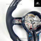 LEDER FORGED CARBONFIBER LENKRAD MIT RACE DISPLAY ICE BLUE FLAKES PASSEND FÜR BMW M2 F87 M3 F80 M4 F82 F83 F20 F21 F22 F23 F30 F31 F32 F33 F36 Competition